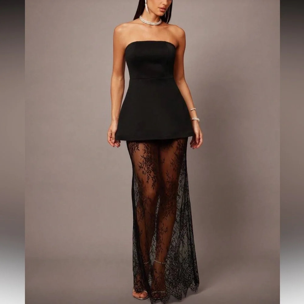 Black strapless tube top & maxi lace sheer skirt set dress - Picture 4 of 6
